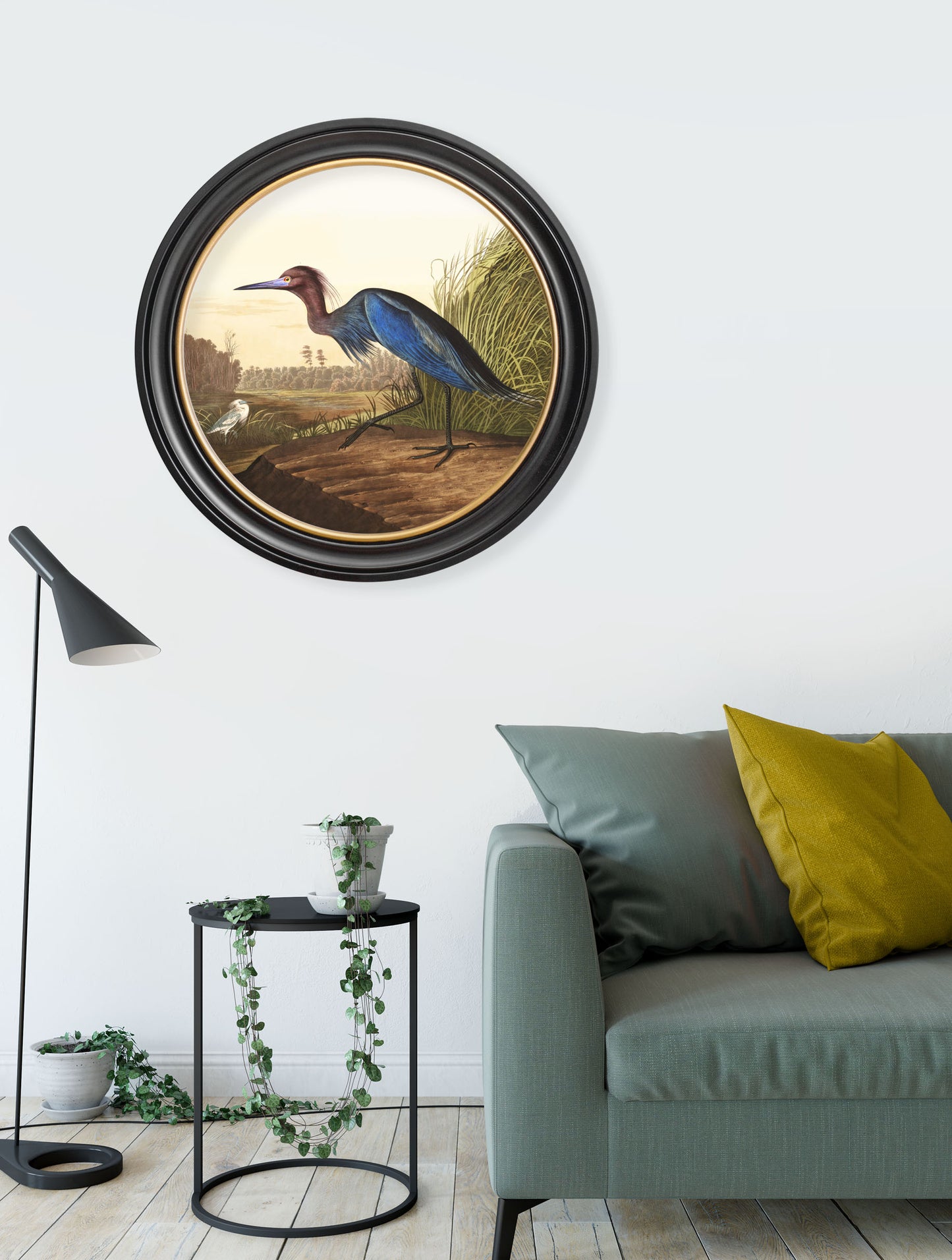 Round Framed Heron Print