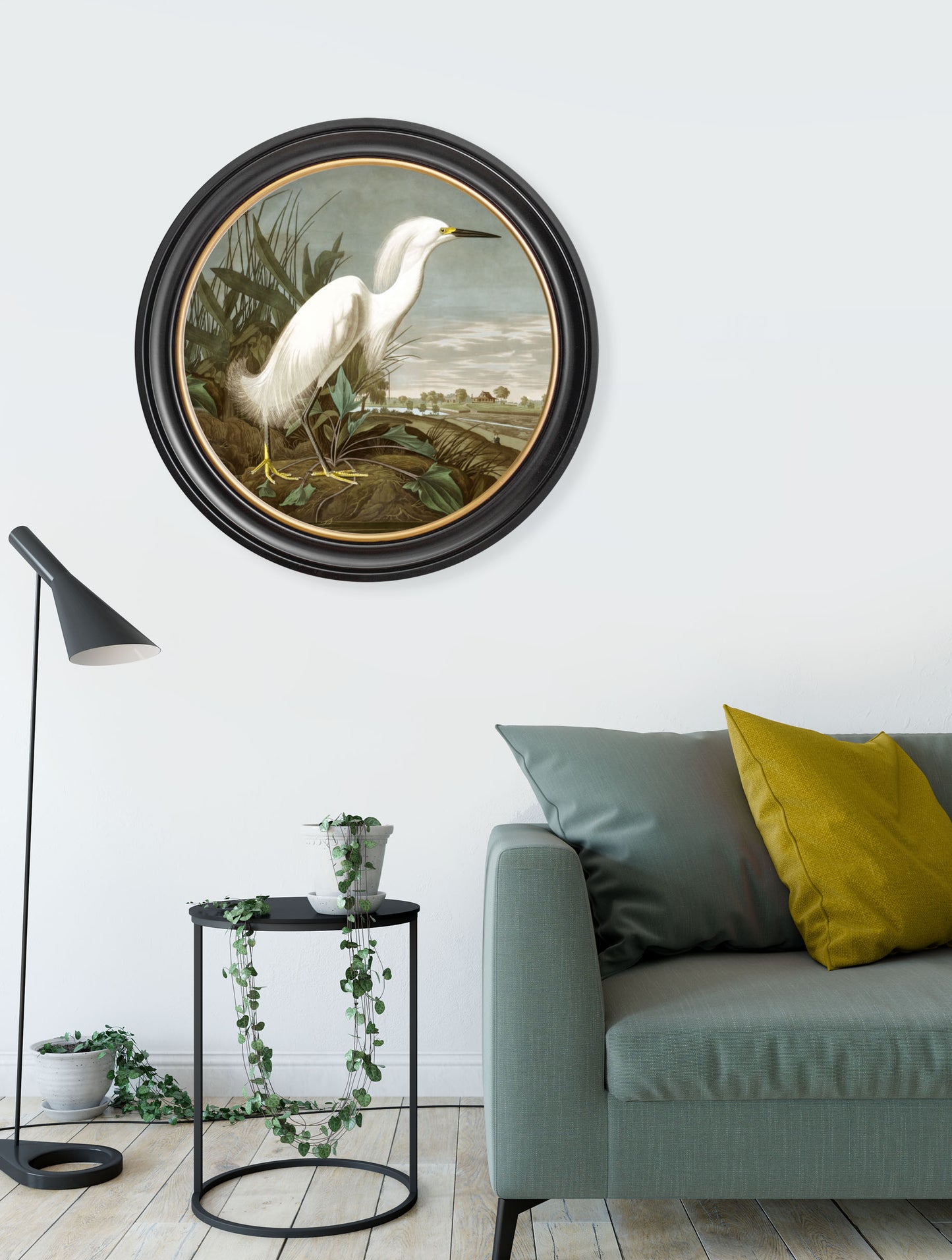 Round Framed Heron Print
